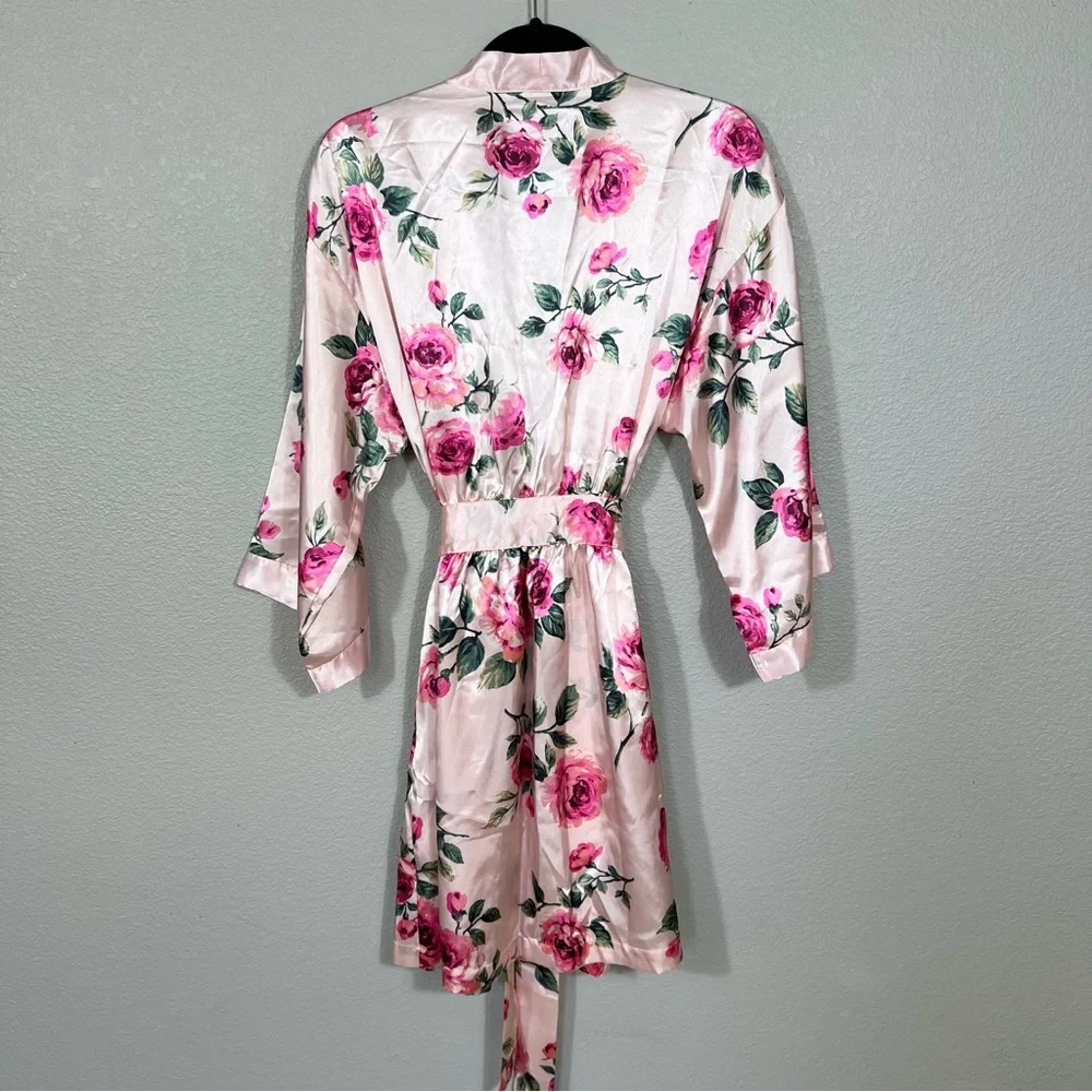 Thalia Sodi Women Pink Floral Satin Robe Kimono Tie Front Size S/M - Picture 3 of 6